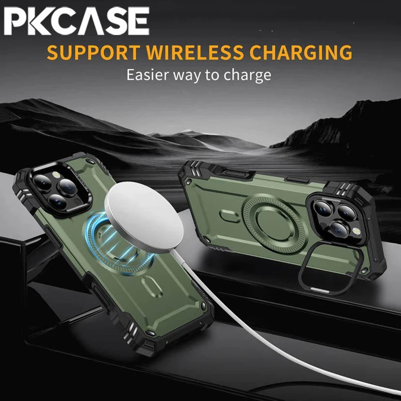 PKCASE Military Shockproof Bracket Case For iPhone 17 Air 16 15 14 Plus Pro Max For Magsafe Magnetic Armor Cover