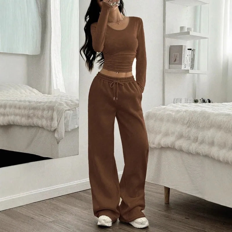Women's Fashion Casual Wide Leg Pants Long Sleeve Crew Neck Solid Color Slim Two-piece Autumn and Winter Suit