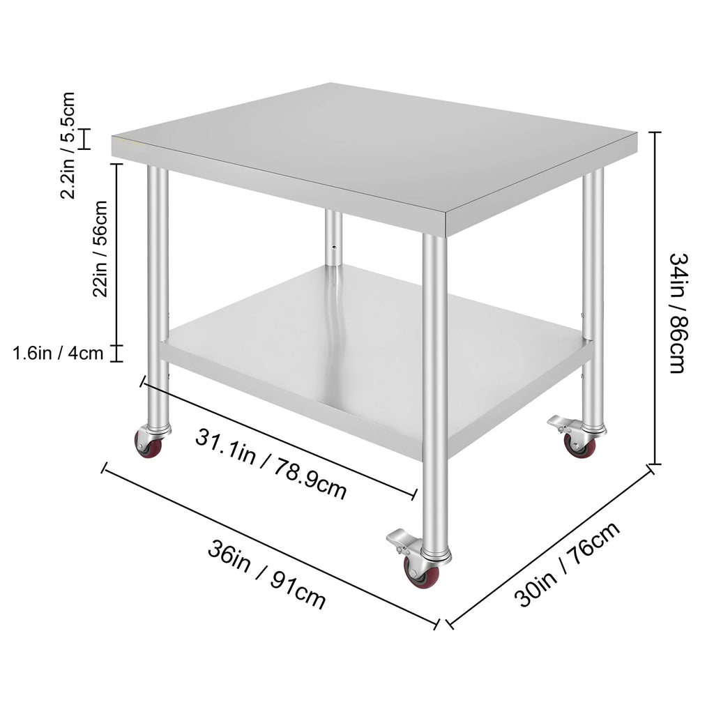 SucceBuy 36 x 30 inch Stainless Steel Work Table with 4 Wheels Heavy Duty Food Prep Worktable for Commercial Kitchen Restaurant
