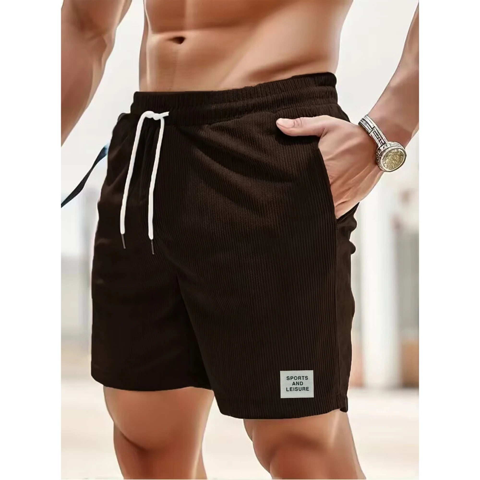 Summer new solid color lace-up sweatpants corduroy simple quarter shorts men's shorts casual pants