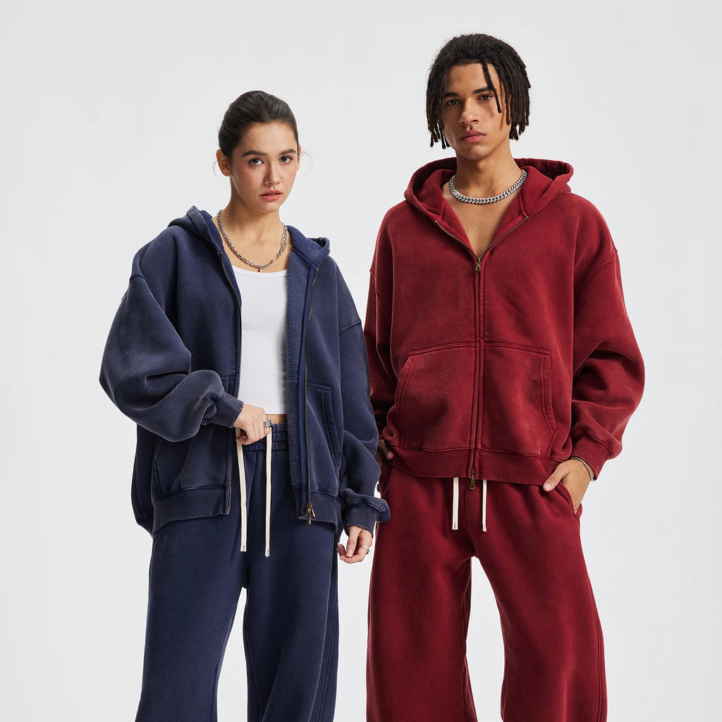 New Autumn and Winter Cashmere Zip Up Jacket Streetwear Casual Oversized Acid Washed Wax Printed Hooded Fleece Zipper Hoodie