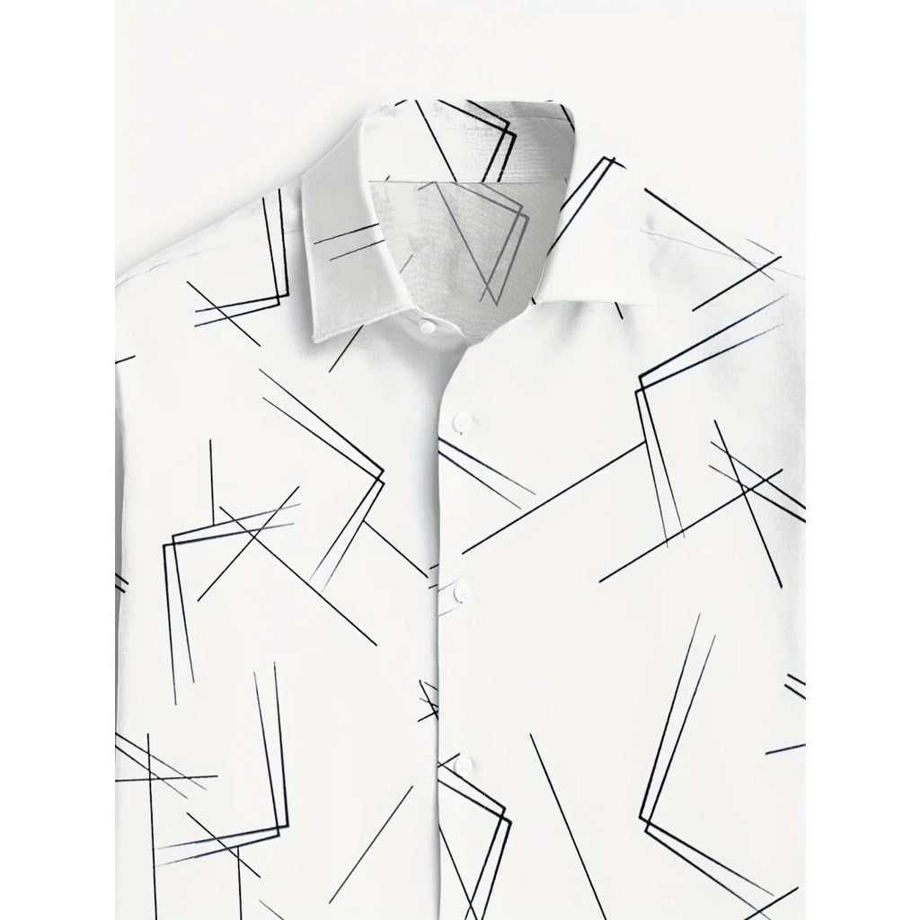 Men's Trendy Geometric 3D Line Print Long-Sleeved Shirt Men's Button up Shirt Casual Fashion Male White Shirt Lapel Shirt Tops