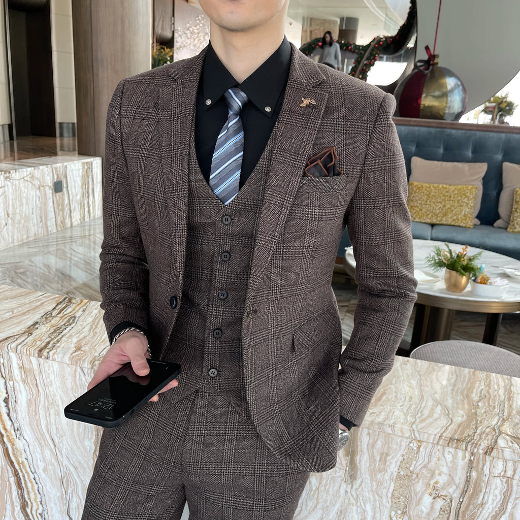 British Korean Style High Quality Modified Plaid Three-Piece Suit for Men - Stylish Business Casual Suit Vest And Trousers Set