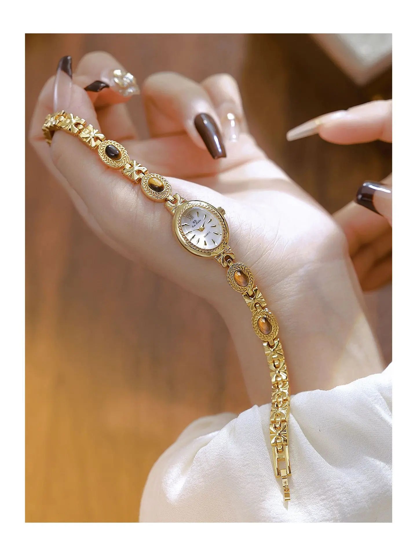 Women's Watch Natural Jade Bracelet Vintage Small Oval Dial Gold Retro Watches Luxury Brand Women Quartz Wristwatches Clock Gift