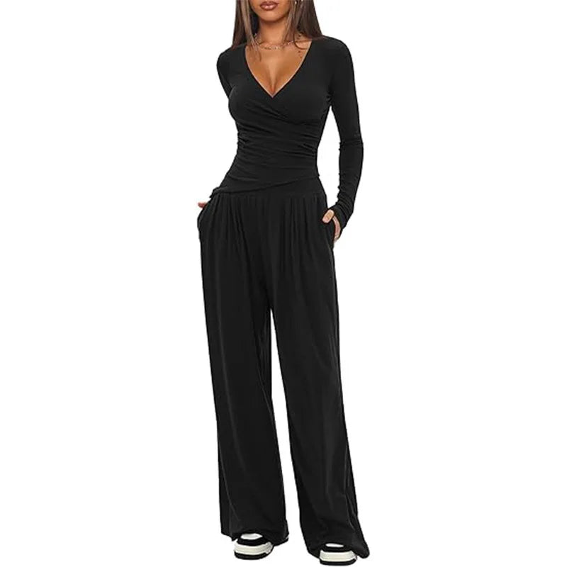 2025 autumn and winter wide leg pants set, women's long sleeved multi occasion sportswear, commuting hot selling item