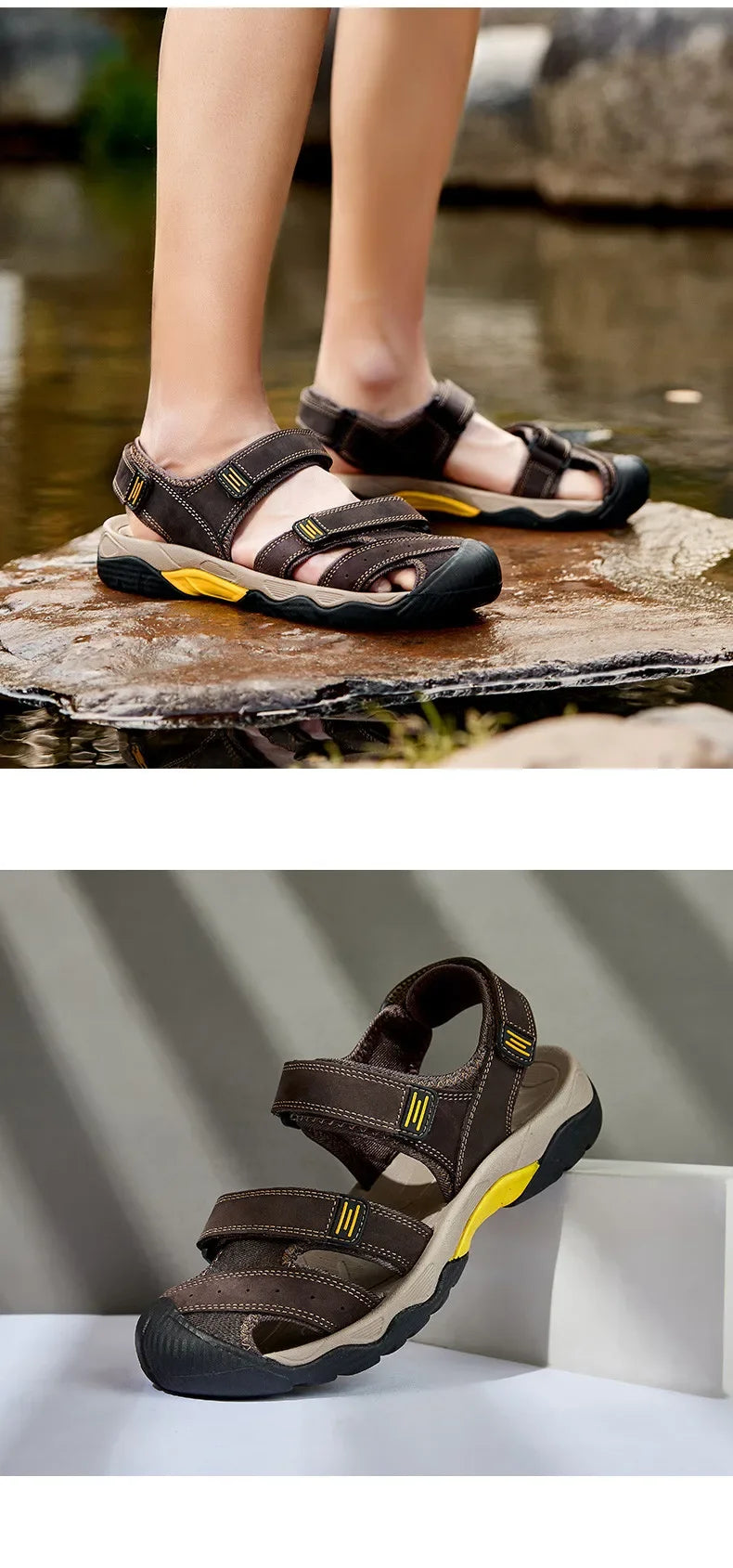 Summer Genuine Leather Men's Sandals Classic Breathable Slip-On Sandals Men Outdoor Casual Beach Sandals Sneakers Plus Size 48