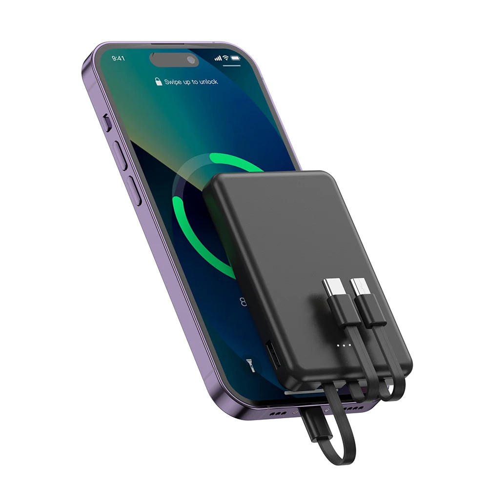 Mini 5000mAh Portable Power Bank With Built-in LED Digital Display, 1 USB-A Port and 3 Integrated Charging Cords, Ultra Compact External Battery Pack, Support Multiple Devices Simultaneous Charging Compatible With  Android Sm
