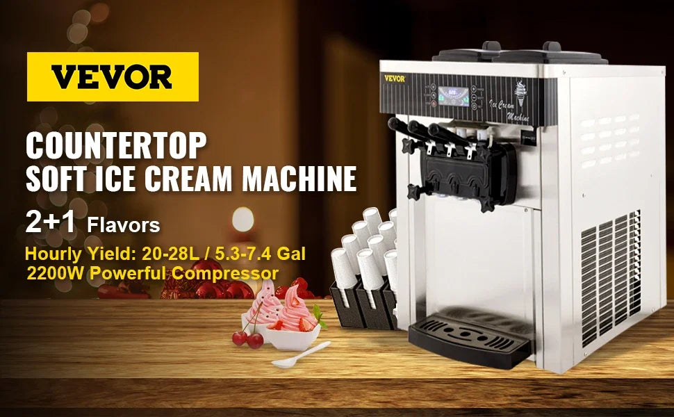 VEVOR Commercial Ice Cream Machine 5.3 to 7.4Gal per Hour Soft Serve with LED Display Auto Clean 3 Flavors for Restaurant