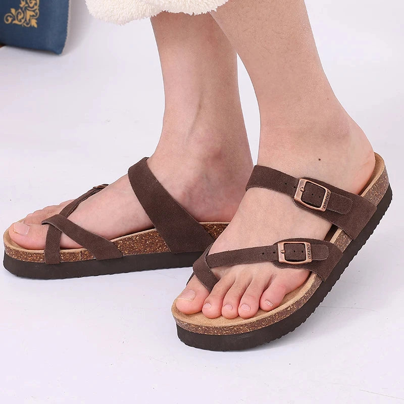 Litfun Women's Cork Footbed Sandals Classic Flat Sandals Fashion Thick Bottom Double Buckle Slides Beach Sandals With Adjustable