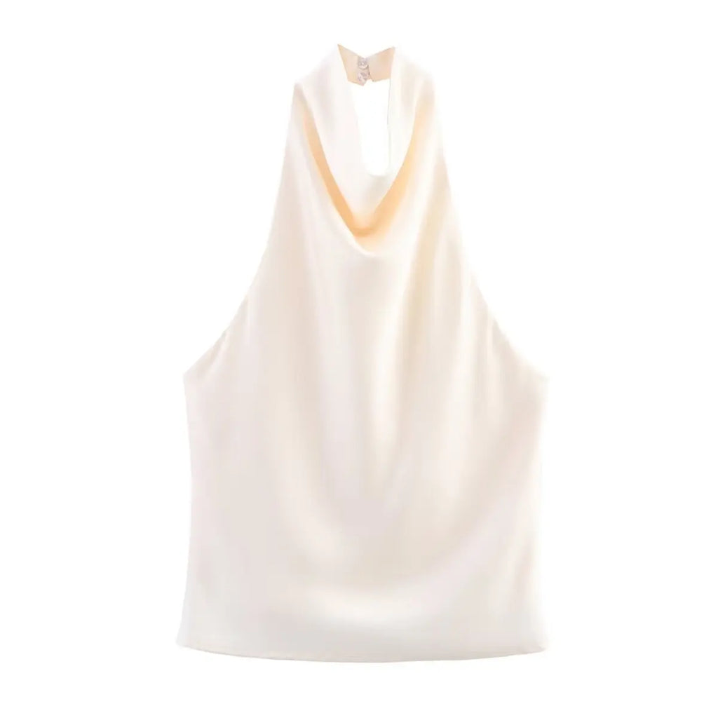 Zevity 2025 Women Chic Solid Color Sleeveless Soft Touch Halter Camis Tank Lady Backless Summer Beach Shirt Blouse Tops LS9365