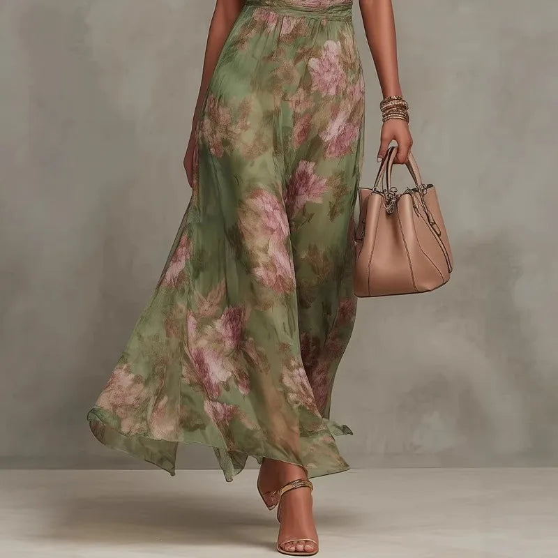 Elegant Ruched Mesh Maxi Dress – Printed Split Cami Style