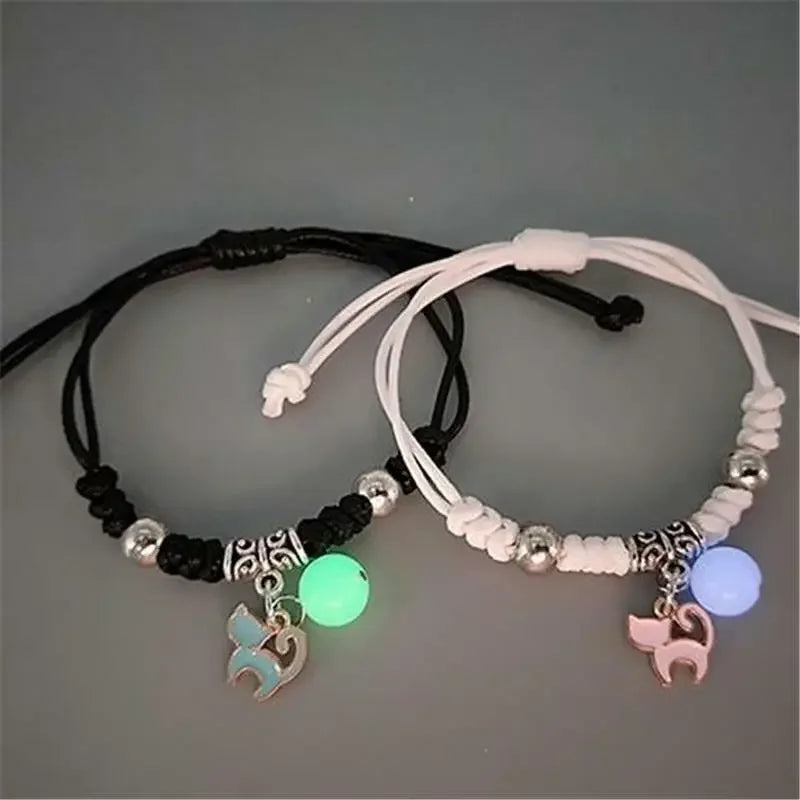 Fashion Luminous Beads Star Couple Bracelet for Women Men Charm Cat Flower Heart Key Lock Cross Matching Friend Bracelet Jewelry