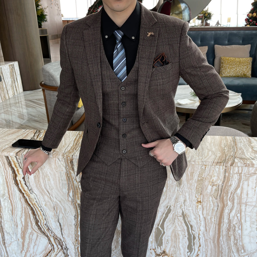 British Korean Style High Quality Modified Plaid Three-Piece Suit for Men - Stylish Business Casual Suit Vest And Trousers Set