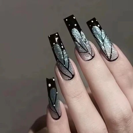 24Pcs Gold French Border False Nails Long Coffin False Nails with Rhinestones Ballerina Full Cover Nail Tips Press on Nails 2030