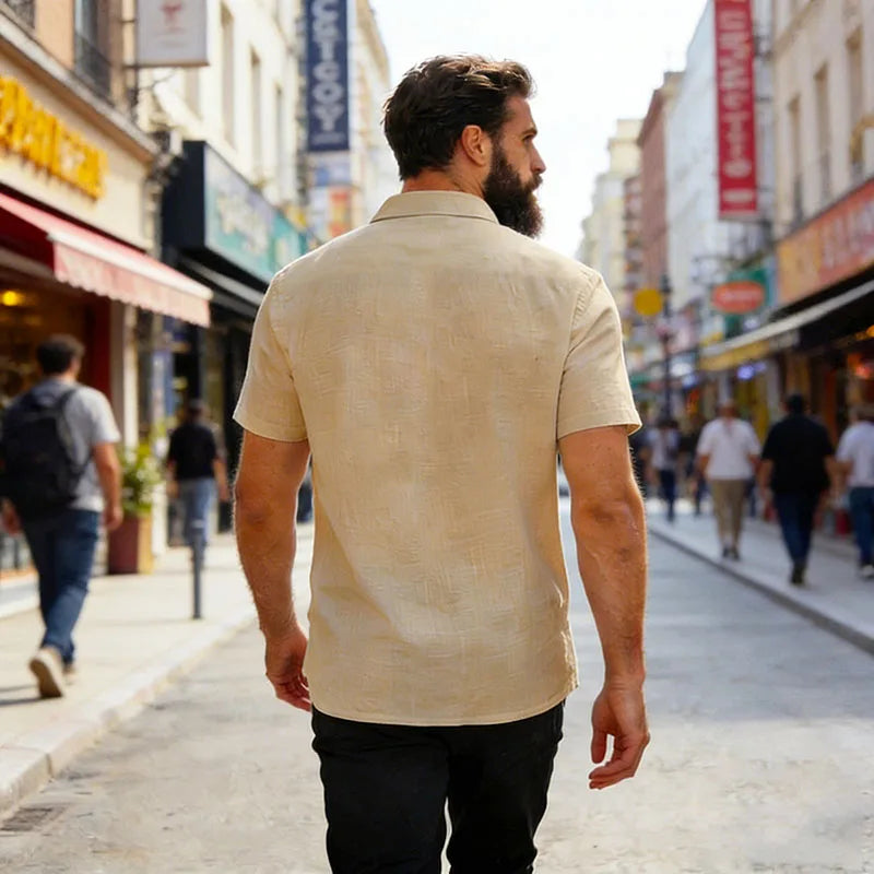 Men's Linen Blend Short Sleeve Button Down Shirt Casual Beach Tops with Chest Pocket Breathable Lightweight Summer Shirts forMen