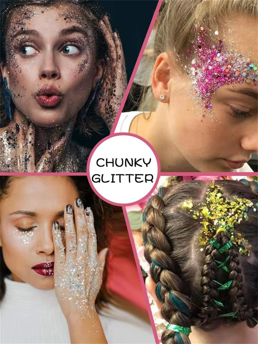 32 Pots Chunky Holographic Glitter,  Reflective Body Glitter for Eyes Face Cheek Hair Nails Lips, Festival Cosmetic Glitter Spar