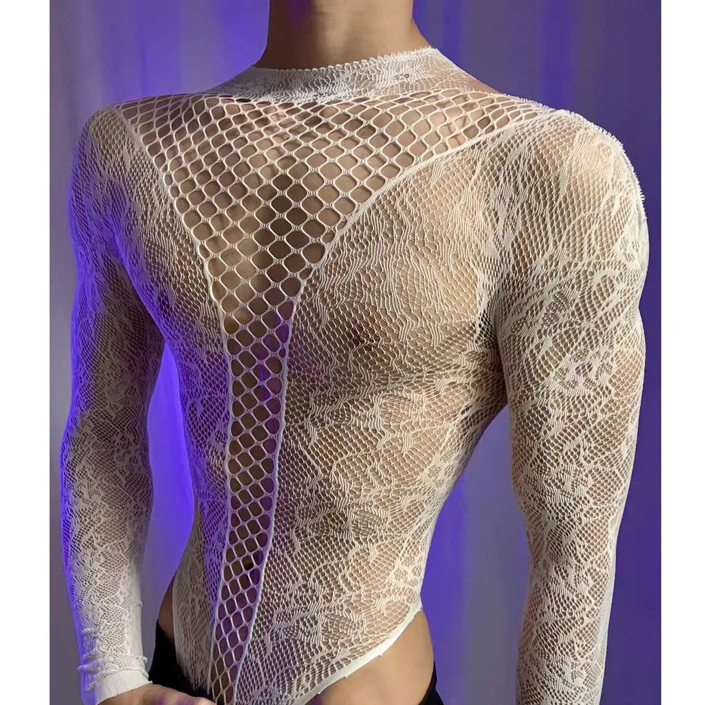Summer Men's Mesh Tank Transparent Full Sleeves Round Neck T-shirt MenWomen Comfortable Breathable Bodysuit Trend Party Clothing