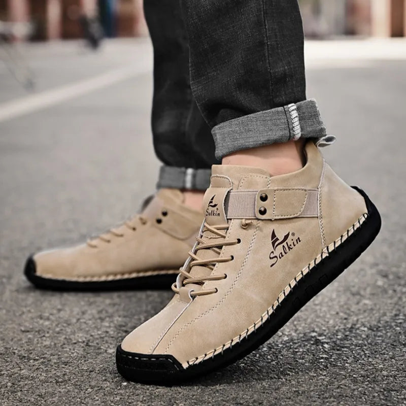 Winter New Men's Low-top Ankle Boots High Quality Hand-stitched Hook&loop Leather Casual Sneakers Classic Man Shoes Plus Size 48