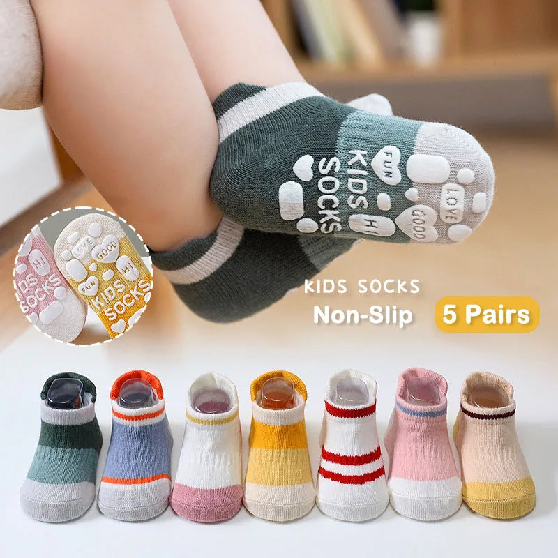 Kids Non-Slip Cotton Socks – 5 Pairs Breathable Cute Casual Socks for Girls & Boys