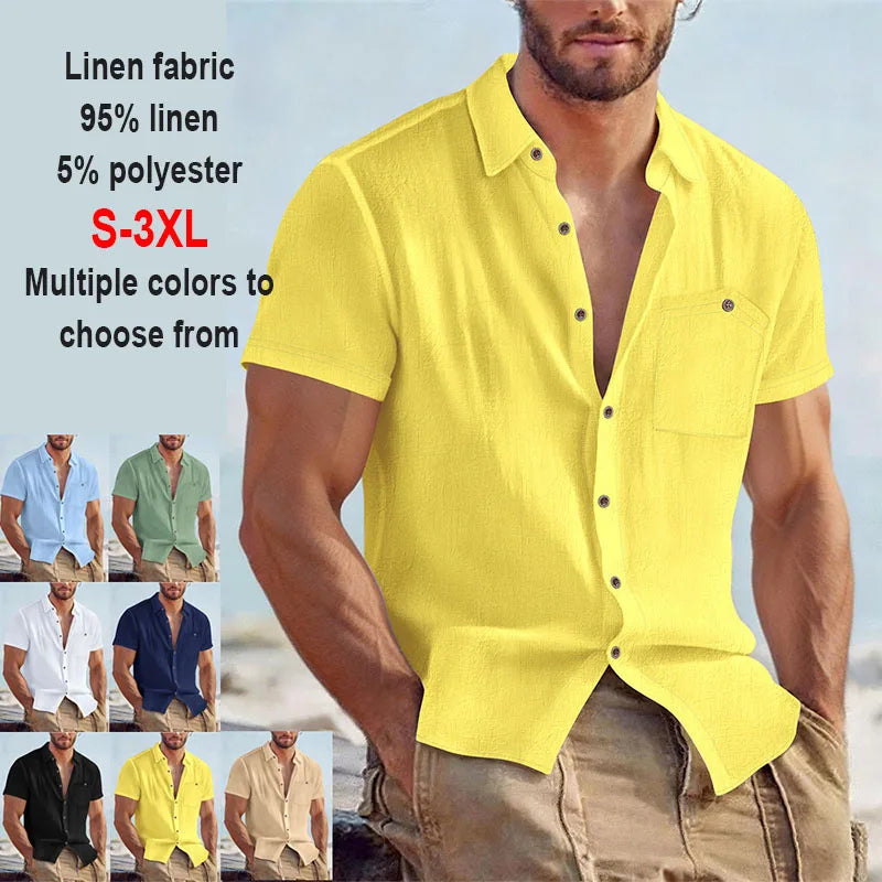 Men's Linen Blend Short Sleeve Button Down Shirt Casual Beach Tops with Chest Pocket Breathable Lightweight Summer Shirts forMen