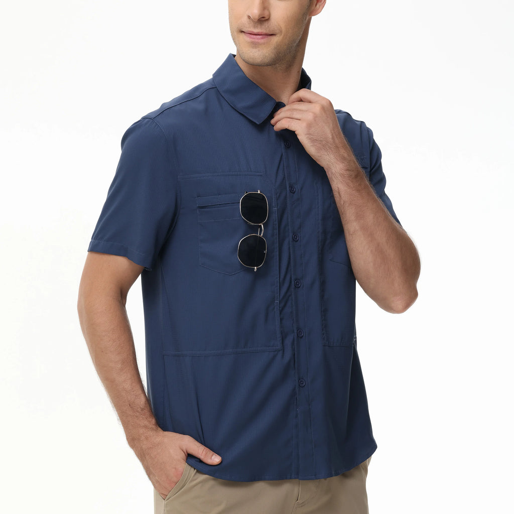 Summer Men's UPF 50+ Fishing Shirts, Lightweight Breathable Short Sleeve Cargo Shirt, Button Down Tactical Shirts Workout