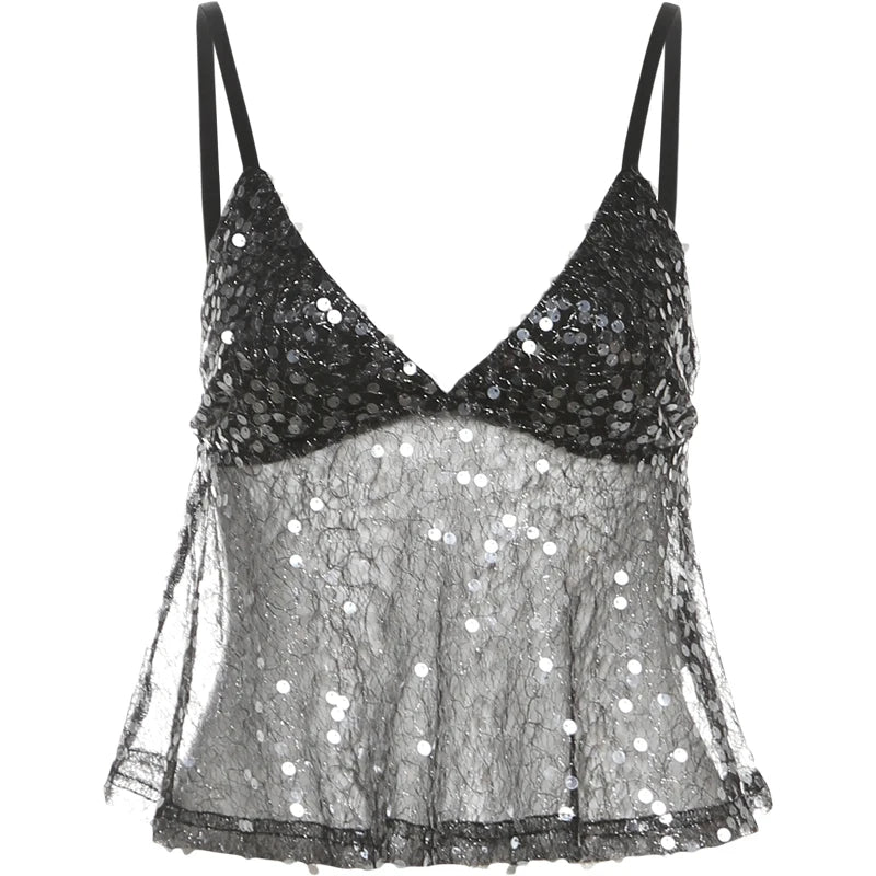 Weird Puss Sequins Patchwork Mesh Camisole Women v-Neck Sexy Backless Summer Trend Street Midnight Versatile Hottie Classic Tops
