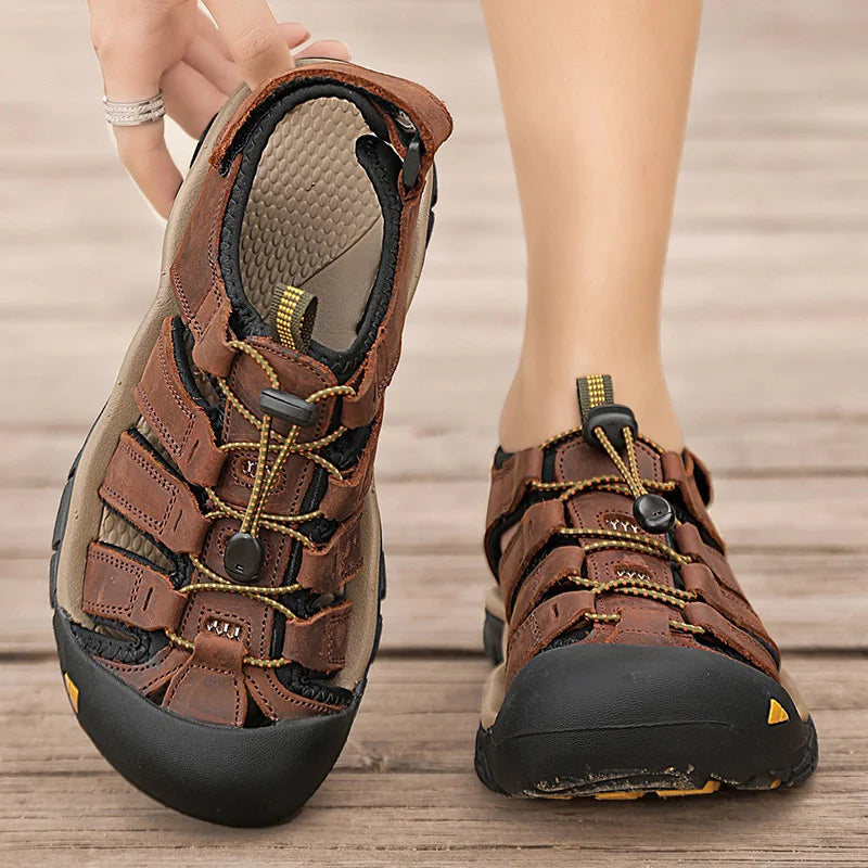 New Summer Genuine Leather Men Sandals Fashion Design Breathable Casual Shoes Men Soft Bottom Large Size Outdoor Beach Sandals