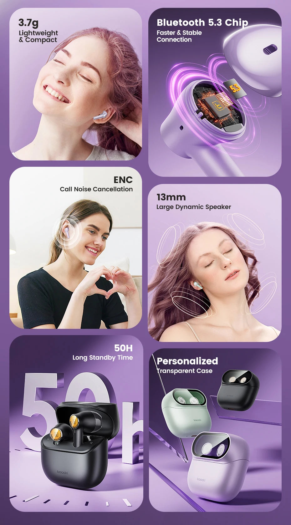 Toocki ENC TWS Earphones Wireless Bluetooth 5.3 HiFi Headphone Noise Canceling Toucn Contro Touch Control In Ear Sport Earbuds