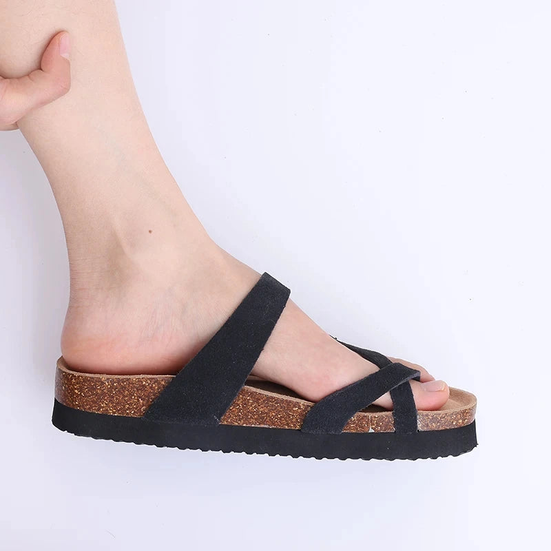 Litfun Women's Cork Footbed Sandals Classic Flat Sandals Fashion Thick Bottom Double Buckle Slides Beach Sandals With Adjustable