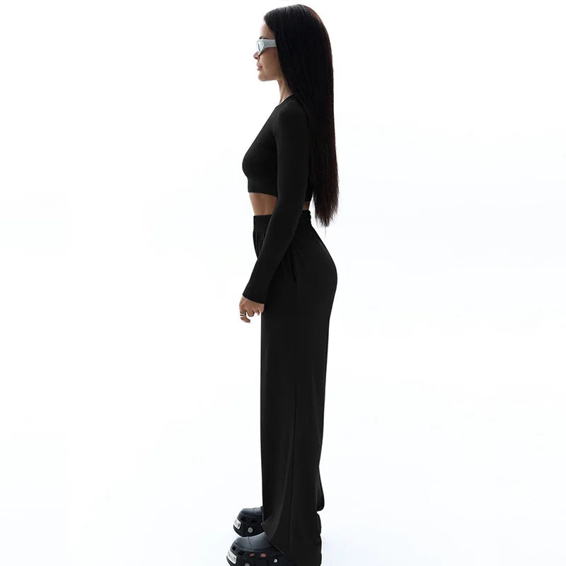 Spring New Women's T-shirt Loose Pants 2 Piece Long Sleeves O-Neck Tees Casual Slim Fashion Trouser Solid Basic Female Clothing