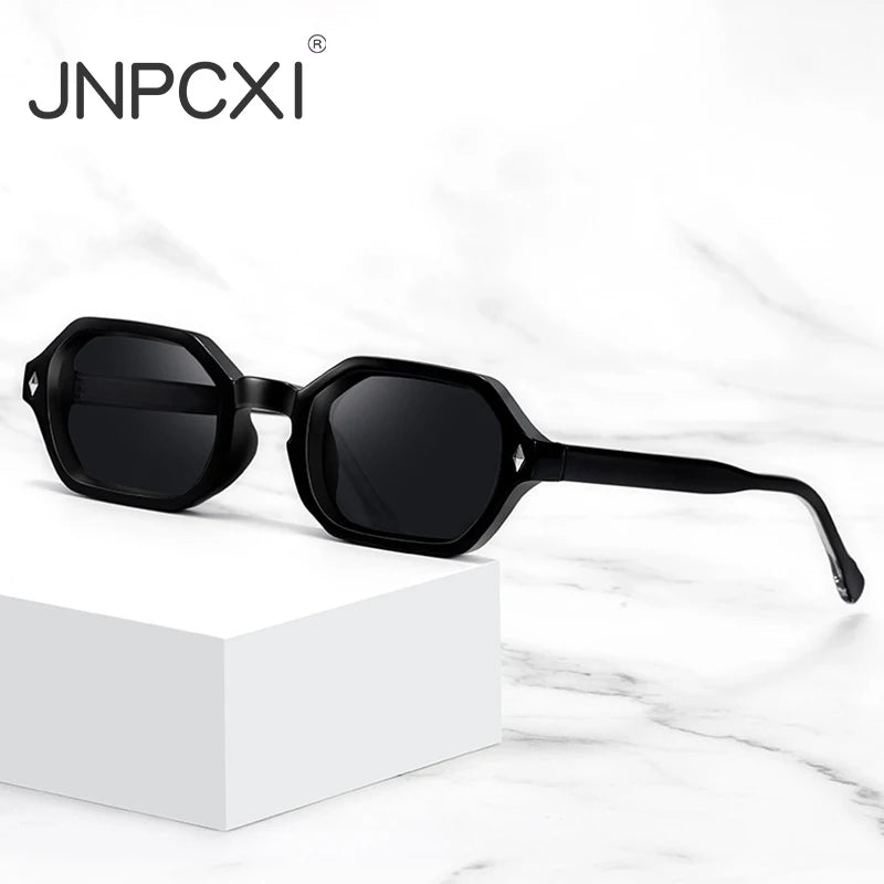 JNPCXI New Retro Small Polygon Rectangle Sunglasses Women Shades UV400 Fashion Blue Gradient Lens Men Retro Rivets Frame