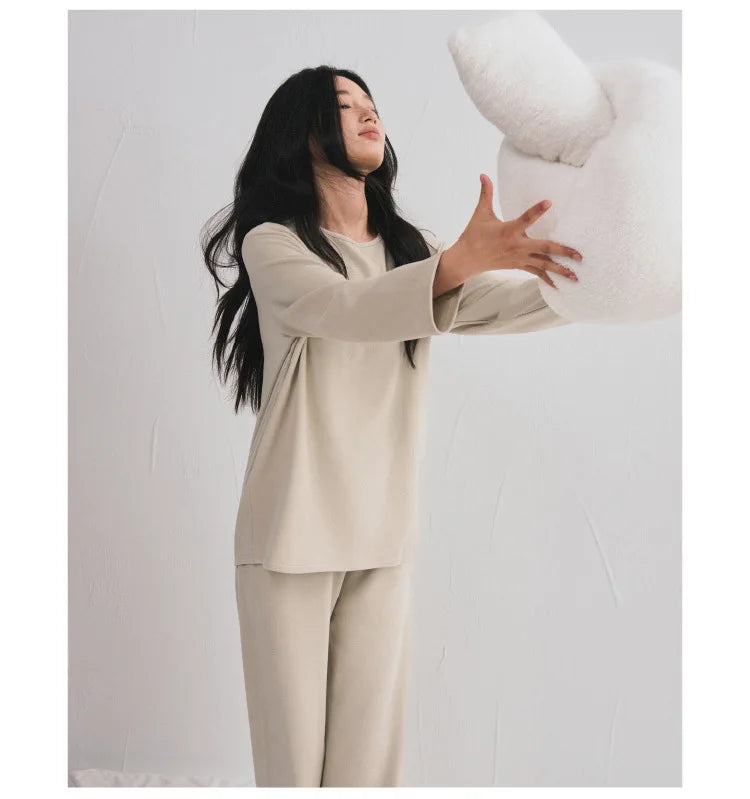 Autumn Winter Women Double-sided Brushed Pajamas T Shirt Pant Two Piece Set for home