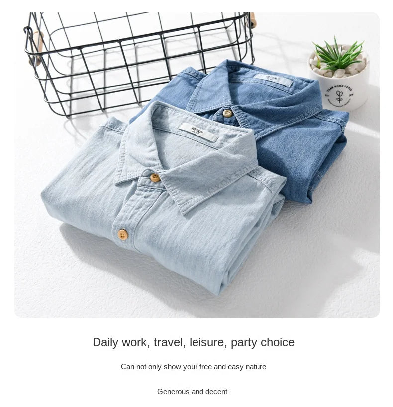 Summer New Casual Denim Short Sleeve Shirts Men Clothing Pure Cotton Slim and Thin Soft Streetwear FY9358