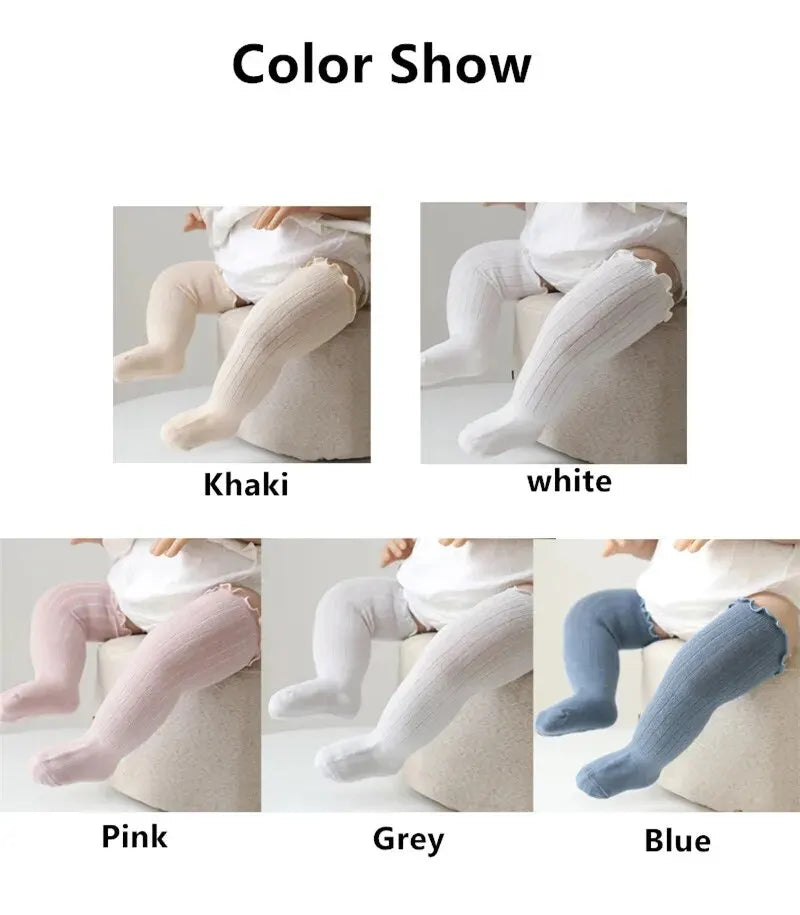 Baby Girls Lace Knee High Socks – 3 Pairs Frilly Ruffle Cotton Long Socks for Newborns & Infants