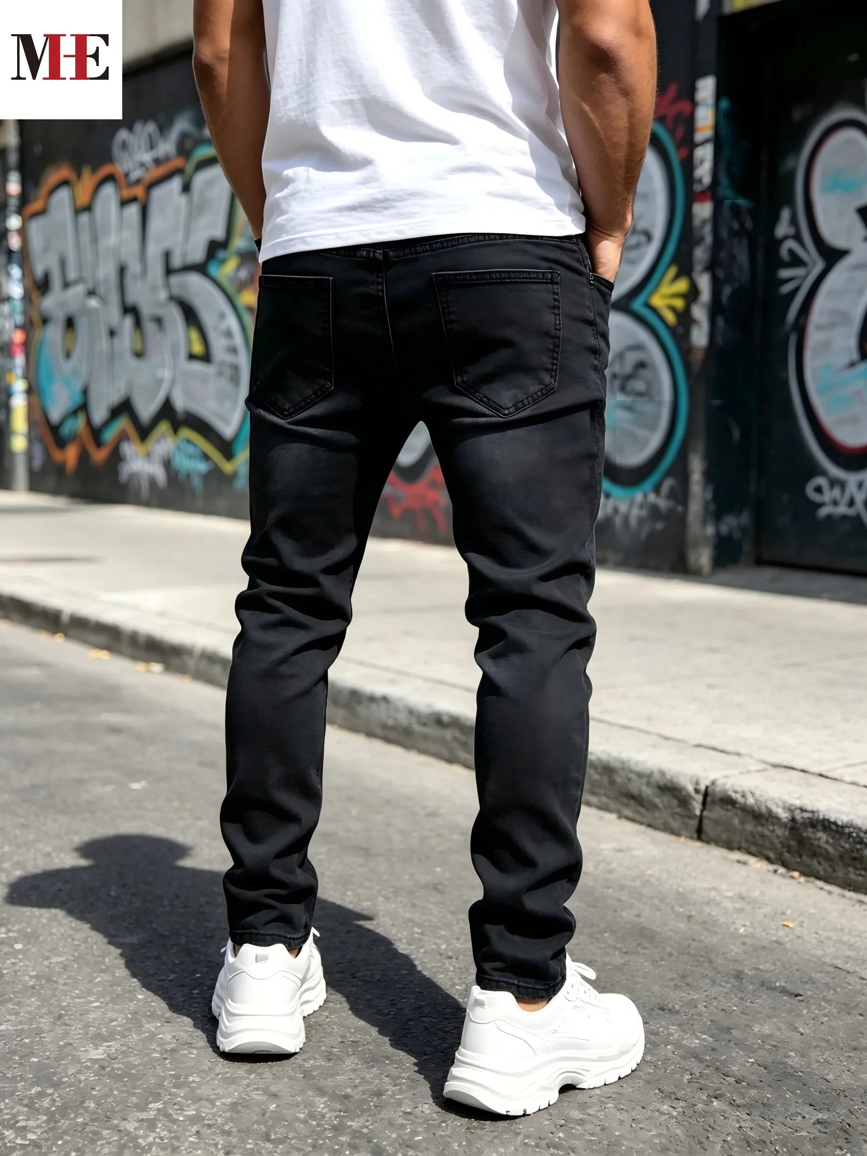 HME Men's Black Gray Denim Pants, Plaid Patch Paint Splatter Slim Skinny Jeans for Streetwear