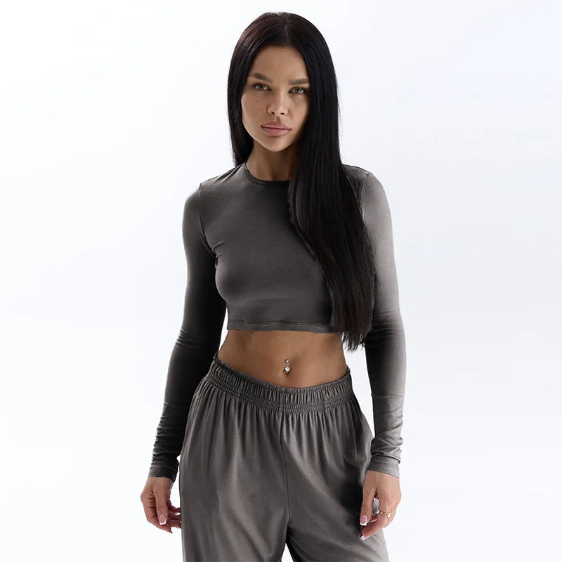 Spring New Women's T-shirt Loose Pants 2 Piece Long Sleeves O-Neck Tees Casual Slim Fashion Trouser Solid Basic Female Clothing