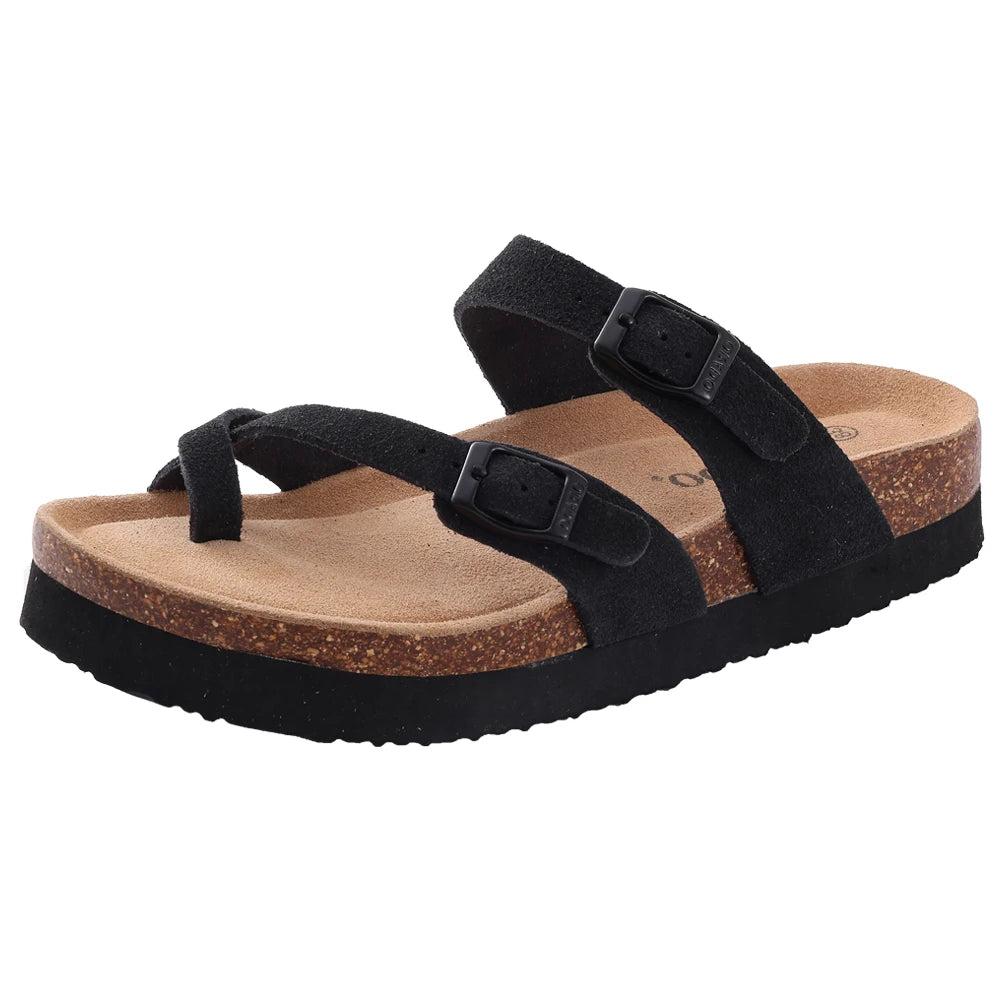 Litfun Women's Cork Footbed Sandals Classic Flat Sandals Fashion Thick Bottom Double Buckle Slides Beach Sandals With Adjustable