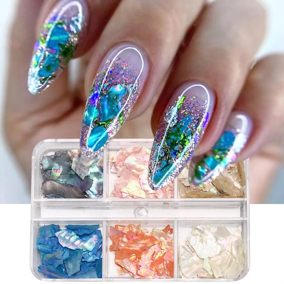 6/12Grid Abalone Sea Shell for Nails Holographic Mirror Nail Art Glitter Flakes Rainbow Mermaid Irregular Sequins Manicure Decor