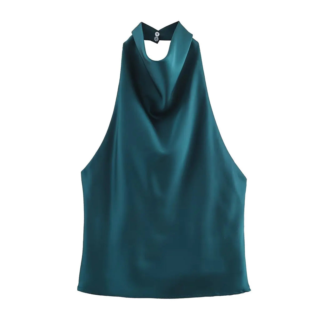 Zevity 2025 Women Chic Solid Color Sleeveless Soft Touch Halter Camis Tank Lady Backless Summer Beach Shirt Blouse Tops LS9365