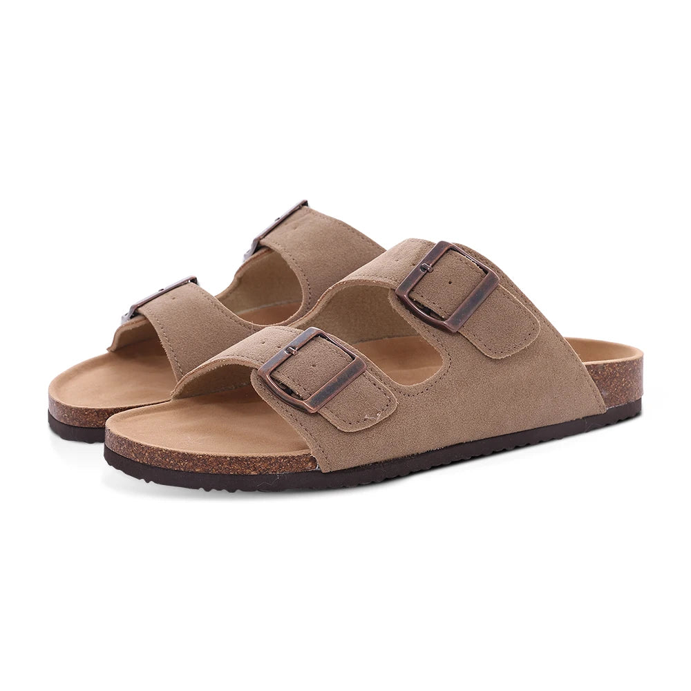 Litfun Women's Cork Footbed Sandals Classic Flat Sandals Fashion Thick Bottom Double Buckle Slides Beach Sandals With Adjustable