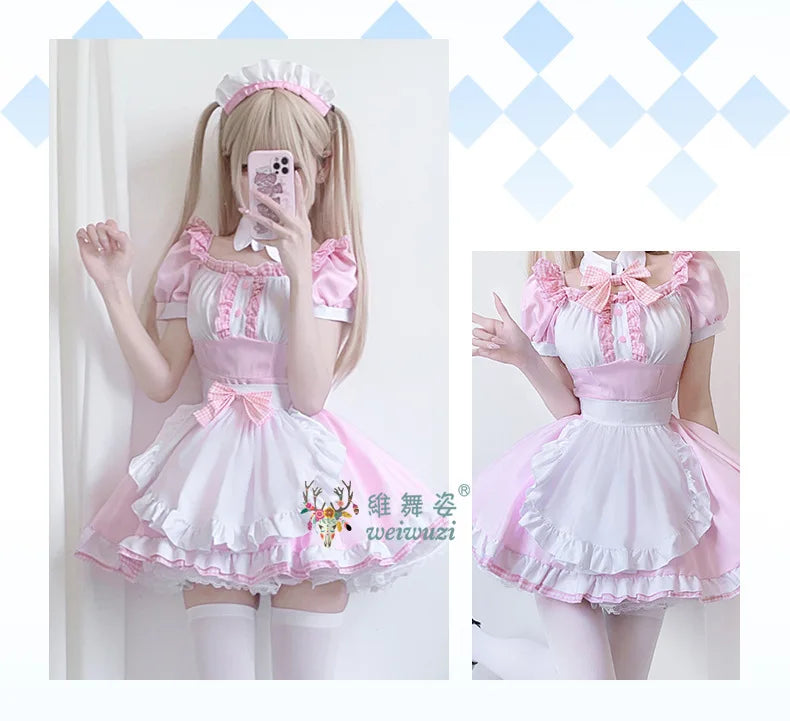 Japanese Sweet Cute Lolita Dress Maid Cosplay Costume Pink Bow Maid Dress Girl Fashion Stage Perfermance Fancy Costume Catwomen
