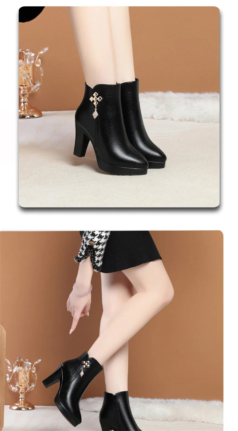 Women High Heels Soft Leather Ankle Boots Autumn Winter Platform Plush Boots Brand Fashion Point Toe Middle Heel Cotton Shoes