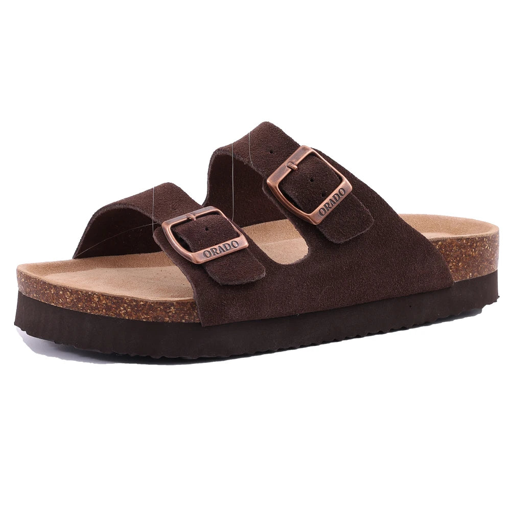 Litfun Women's Cork Footbed Sandals Classic Flat Sandals Fashion Thick Bottom Double Buckle Slides Beach Sandals With Adjustable