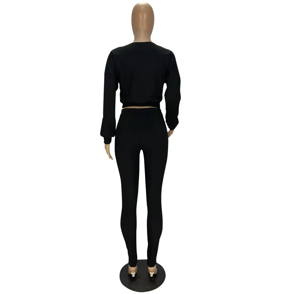 Fashion Summer Solid Lucky Label Letter Embroidery Two Piece Sets Women Sweatshirt+Leggings Casual Sporty Tracksuits Female