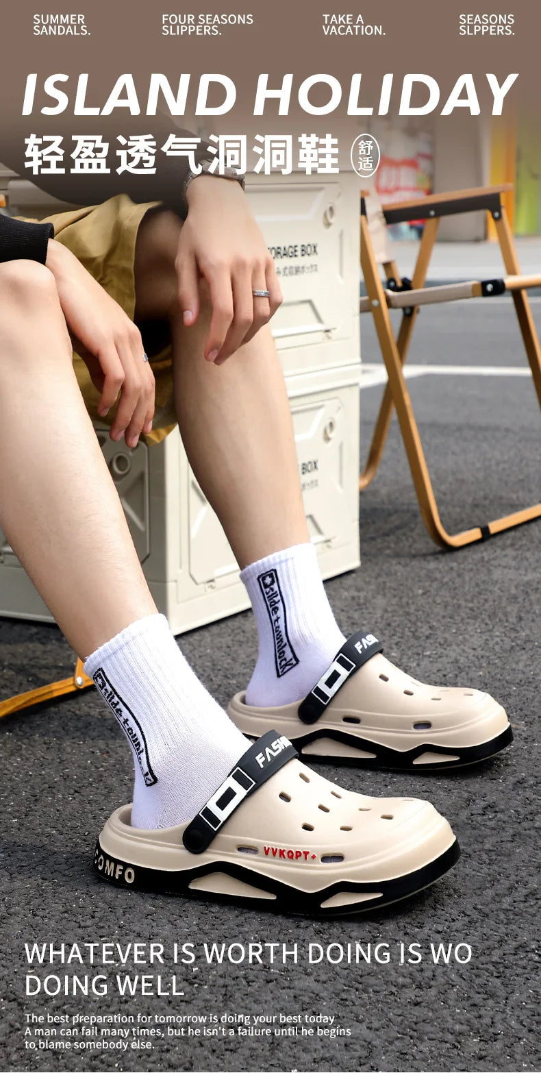 2025 NEW Men Clogs Slippers Fashion Hole Shoes Beach Sandals Indoor House Flats Shoes Lightweight Soft Bathroom Slides