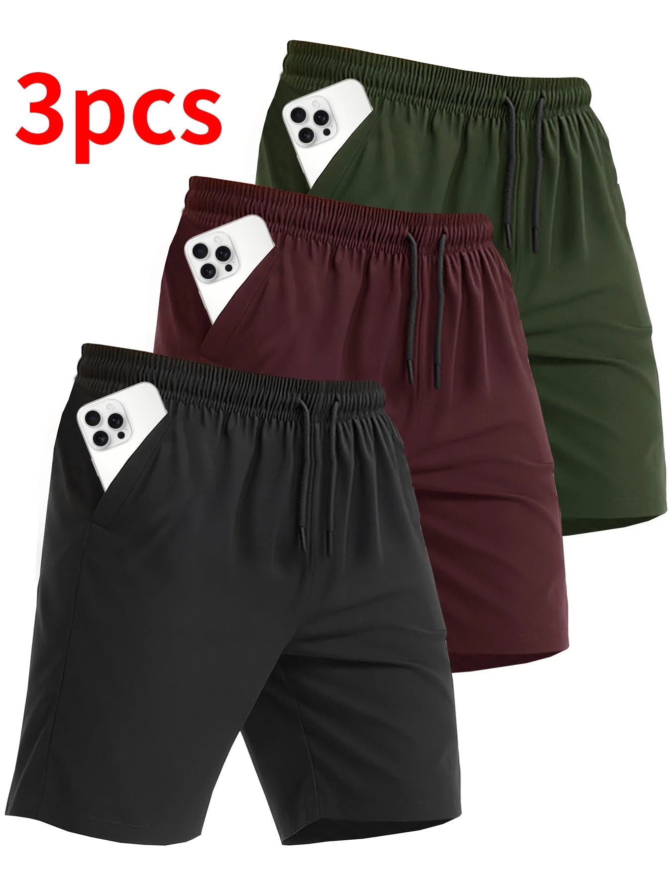 3-Piece Men's Regular Fit Solid Color Drawstring Waist Sports Pants, Summer Casual Pocket Design Pants, Men's Daily Wear Shorts, Yoga Training Pants, Casual Sports Pants, Jogging Pants