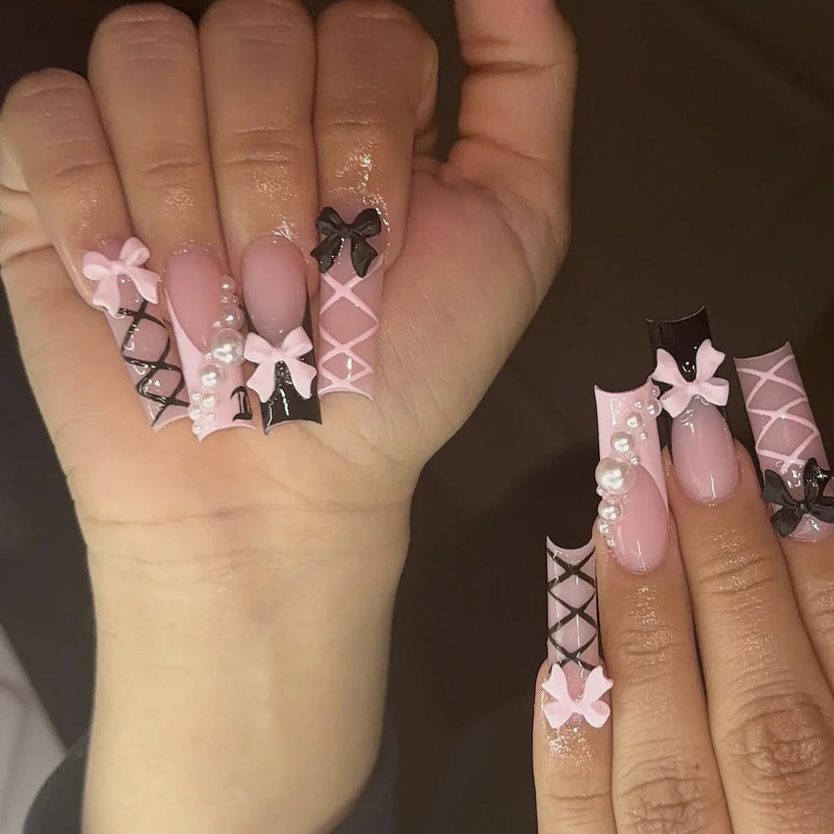 24Pcs Gold French Border False Nails Long Coffin False Nails with Rhinestones Ballerina Full Cover Nail Tips Press on Nails 2030