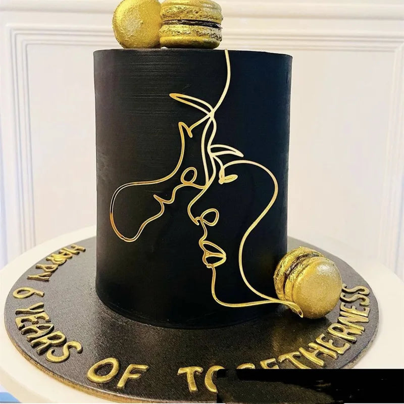 New Gold Portrait Happy Birthday Cake Topper Black Acrylic Abstract Art Boys Girls Party Cake Topper Baby Shower Girl Decoration