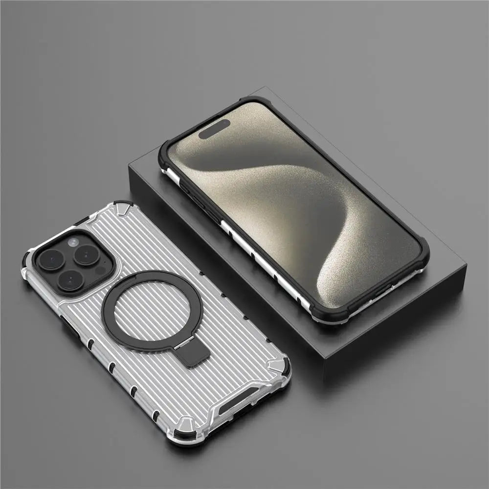 For Magsafe iPhone 17 Air 16 15 14 Plus 13 Pro Max Corrugated Magnetic Metal Bracket Transparent Phone Case Protective Cover
