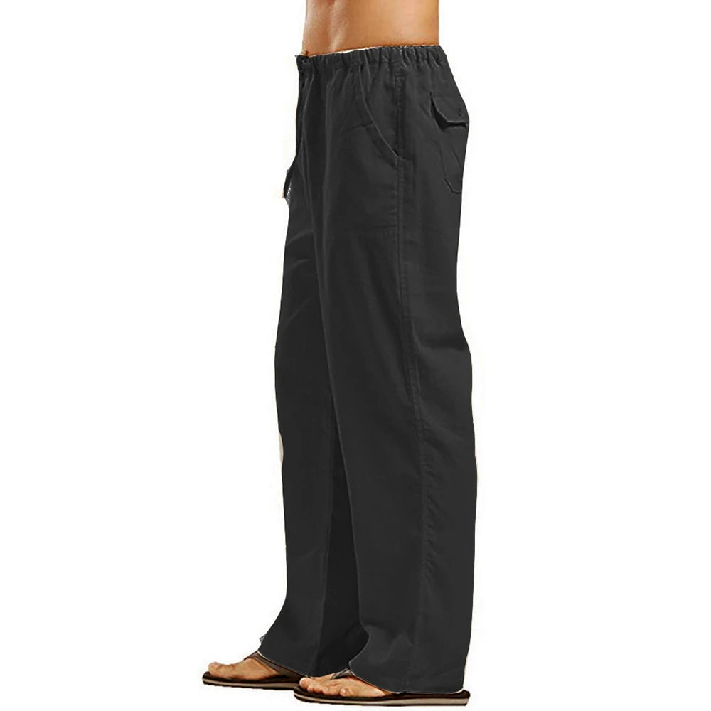 Men's Summer Loose Long Pants Elastic Waist Drawstring Leisure Resort Trousers Men Lightweight Breathable Straight Leg Pan